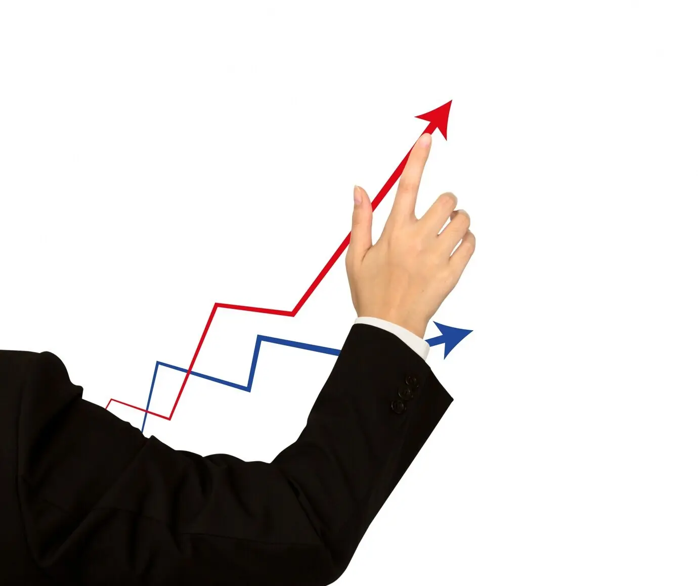 Ein Geschäftsmann berührt einen roten Pfeil.